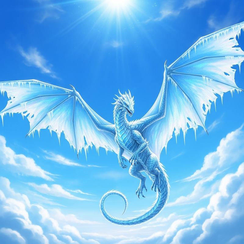 Majestic Ice Dragon Soaring in Azure Sky Majestic Ice Dragon Soaring in Azure Sky