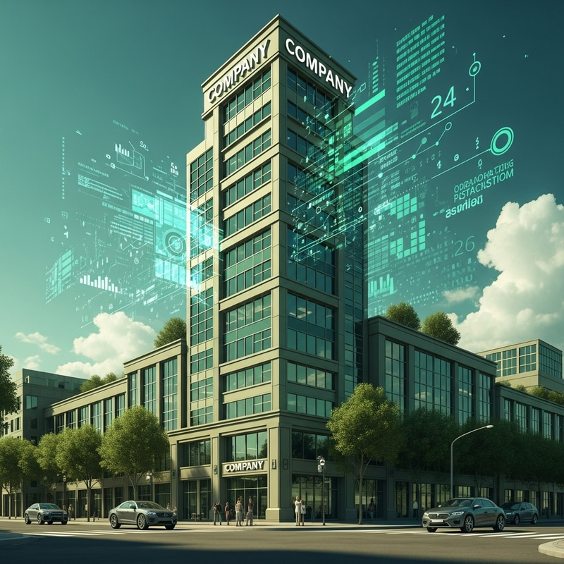 High-Resolution Green Company Building Illustration | Technology Infused Architecture High-Resolution Green Company Building Illustration | Technology Infused Architecture