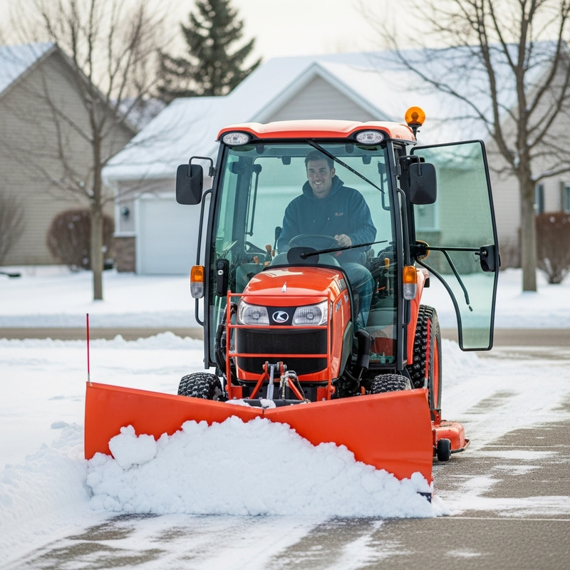 Cheerful Man Plowing Driveways with Kubota Tractor and Snowplow Cheerful Man Plowing Driveways with Kubota Tractor and Snowplow
