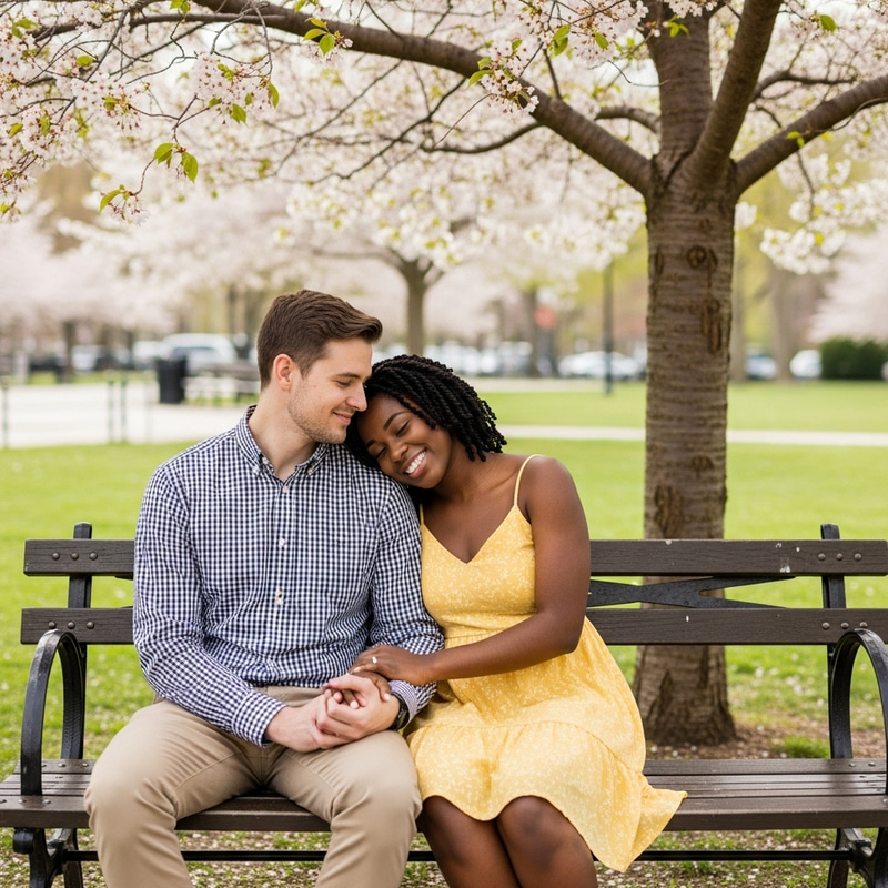 Sweet Couple - Intimate Moment Under Cherry Blossom Tree