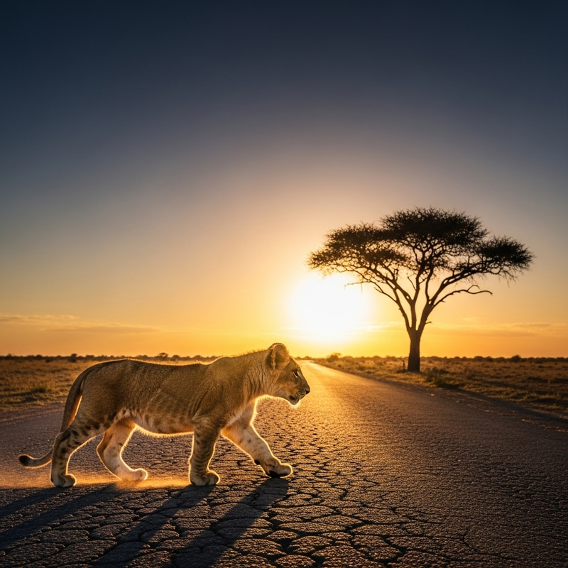 Lion Cub Walking Down a Sunny Road Lion Cub Walking Down a Sunny Road