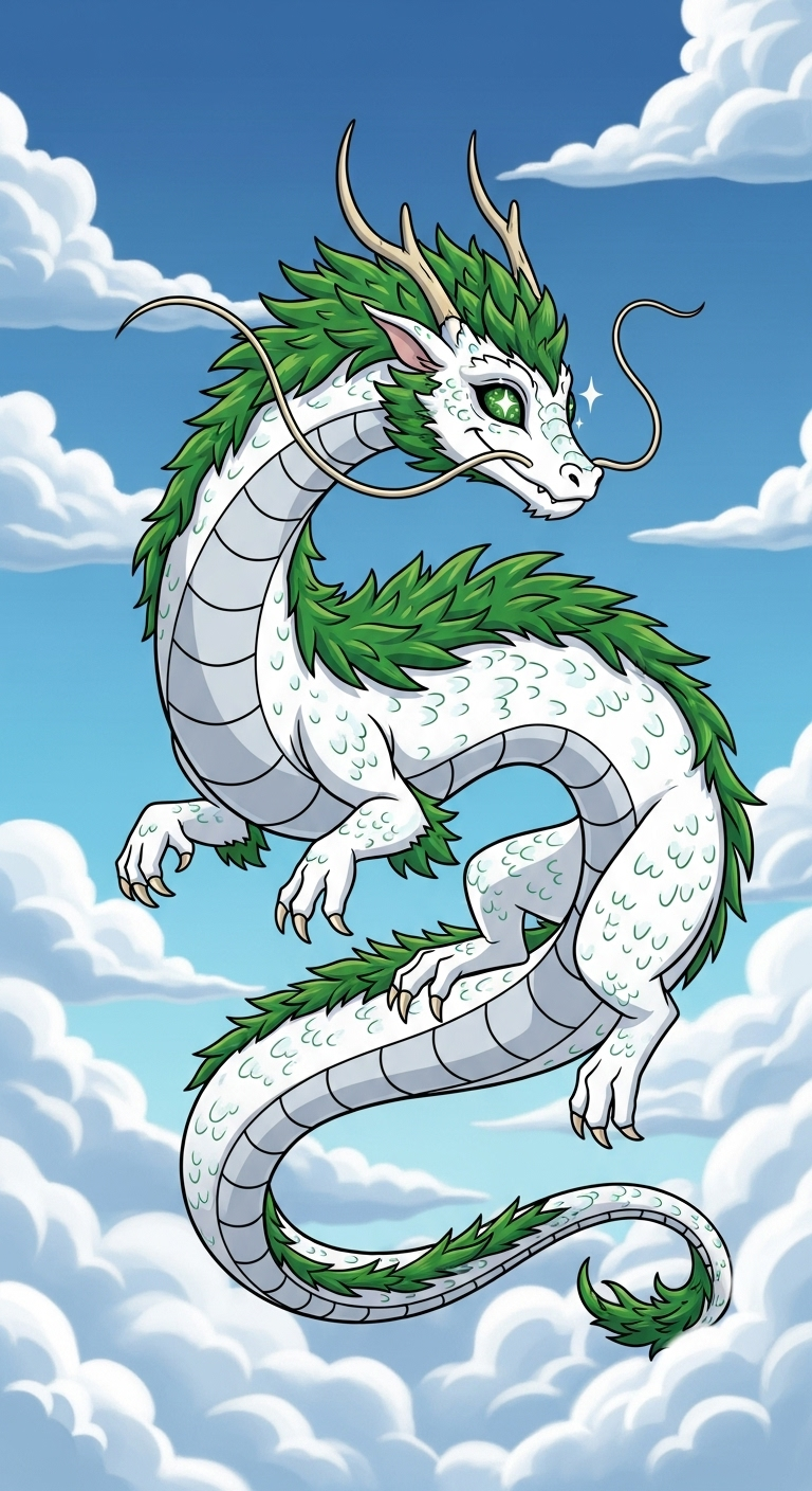 Whimsical White Scales Cute Dragon in Vibrant Forest Flight