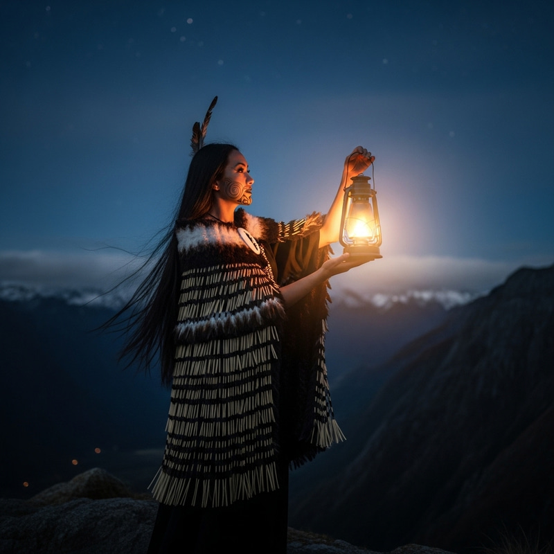 Stunning Maori Maiden in Korowai Feather Cloak on Mountain Cliff Stunning Maori Maiden in Korowai Feather Cloak on Mountain Cliff