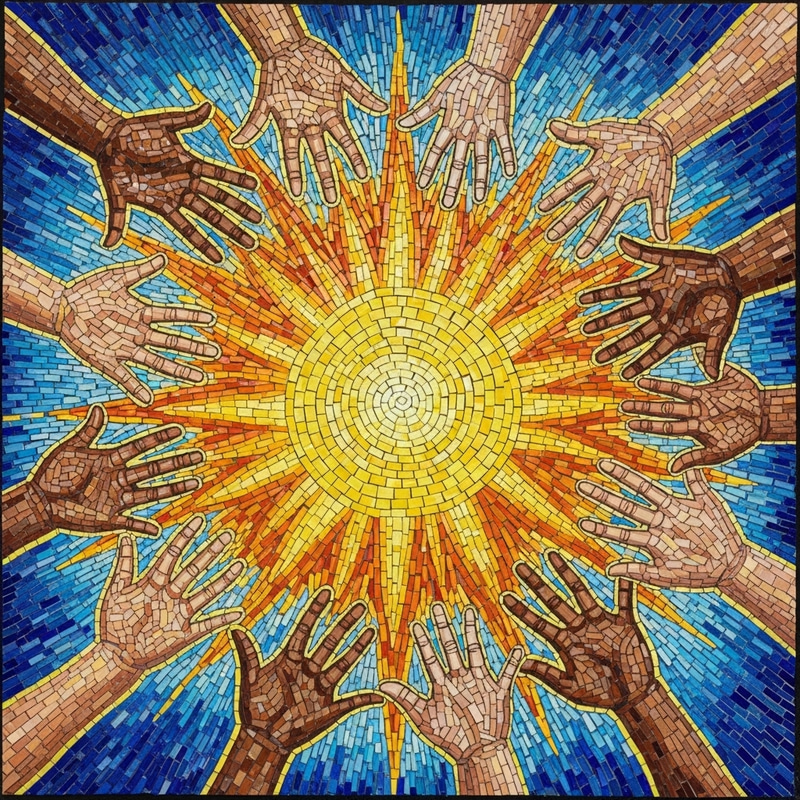 Shiny Sun Mosaic Artwork with Reaching Hands