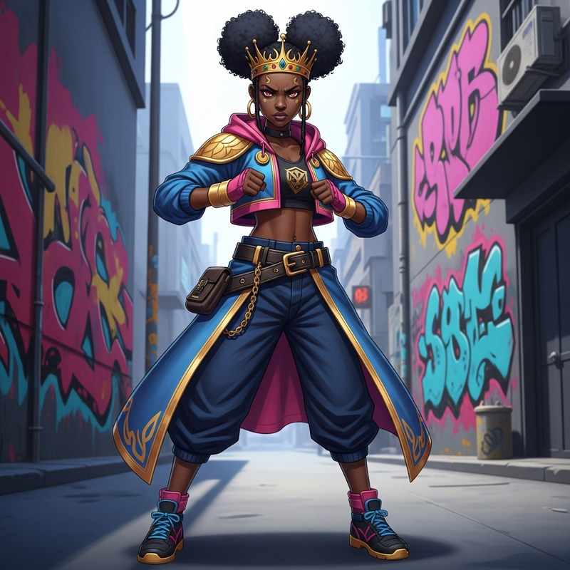 Anime Teenage Black Princess: Street Fighter in Blue Pink Gold Anime Teenage Black Princess: Street Fighter in Blue Pink Gold