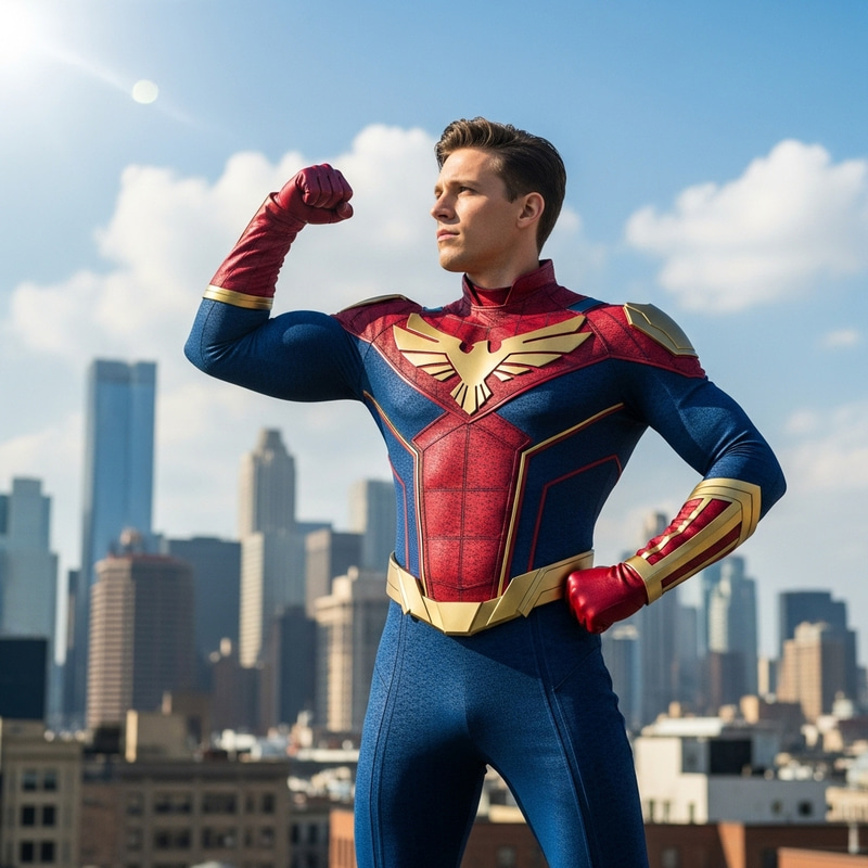 Superhero Figure | Muscular Physique & Emblem | City Skyline Background Superhero Figure | Muscular Physique & Emblem | City Skyline Background