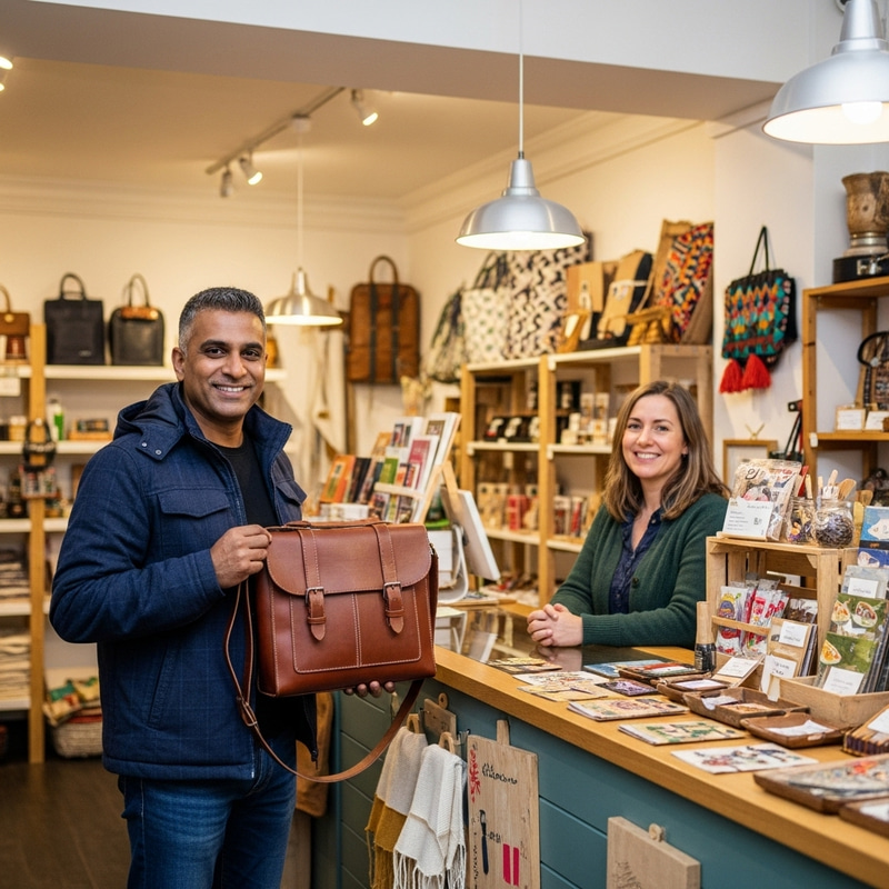 Satisfied Customer at Artisanal Shop | Handcrafted Leather Bag Purchase Satisfied Customer at Artisanal Shop | Handcrafted Leather Bag Purchase