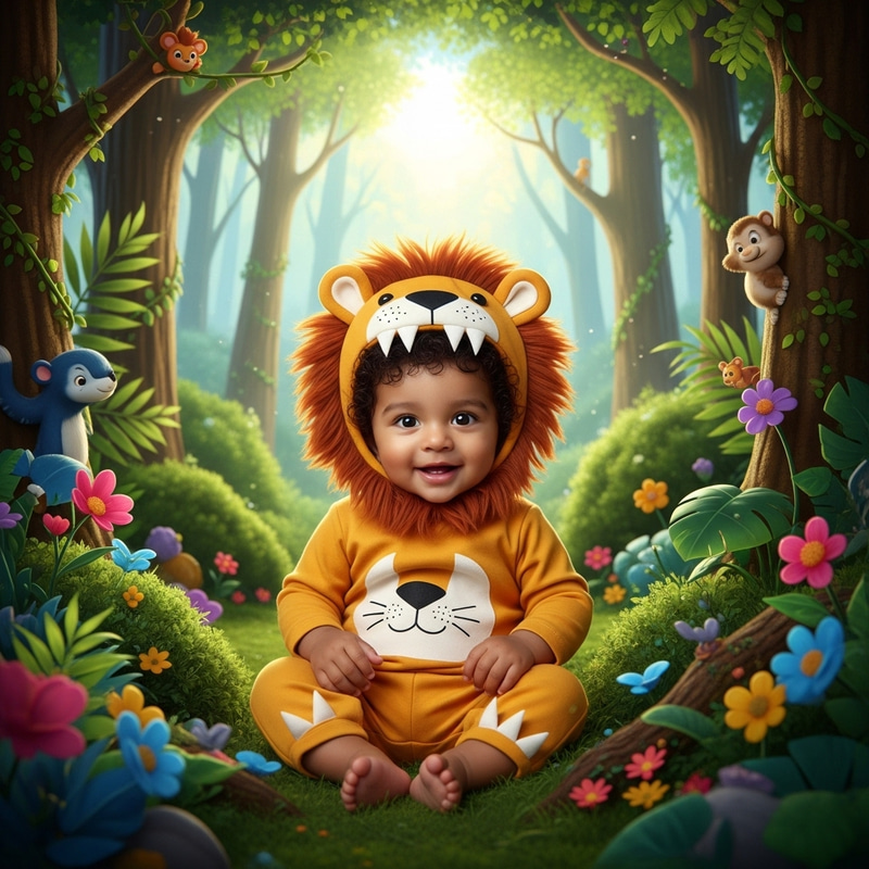 Curly-Haired Baby Boy in Lion Costume Explores Enchanted Jungle Curly-Haired Baby Boy in Lion Costume Explores Enchanted Jungle