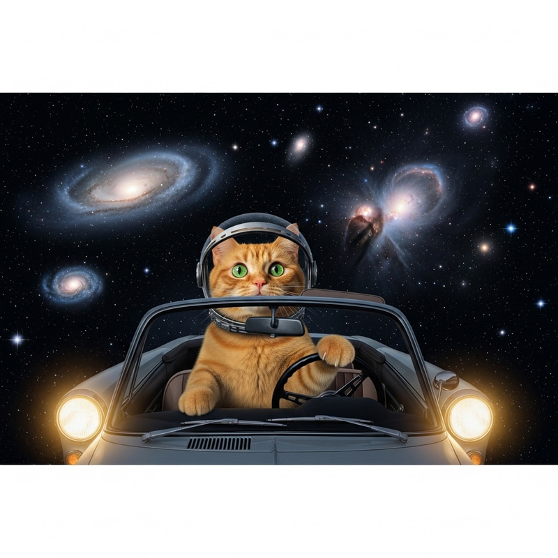 Cat driving car through space Cat driving car through space
