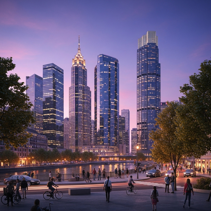 Tranquil Dusk Cityscape with Skyscrapers and River Reflection Tranquil Dusk Cityscape with Skyscrapers and River Reflection