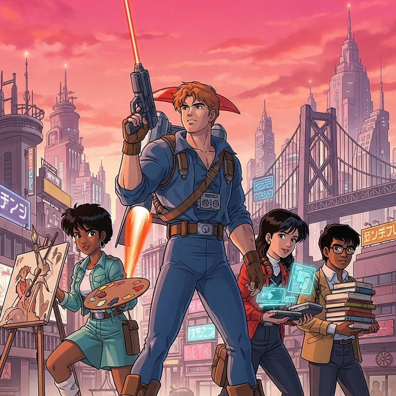Vibrant 80s Anime Scene: Young Adventurers in Futuristic City Vibrant 80s Anime Scene: Young Adventurers in Futuristic City
