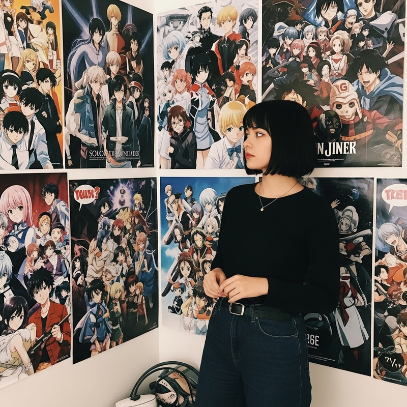 Young Woman with Short Black Hair in Anime Poster Room Young Woman with Short Black Hair in Anime Poster Room