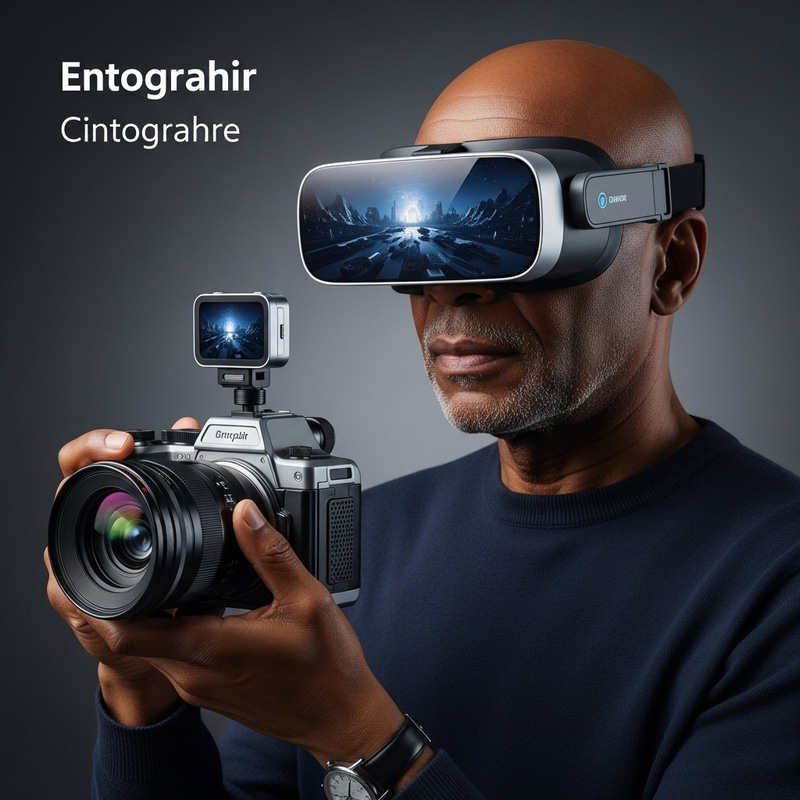 Captivating Image of Aged Black Photographer with Futuristic Camera and VR Goggles