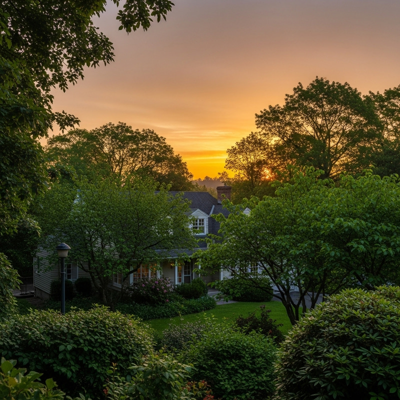 Beautiful House Surrounded by Greenery at Sunrise