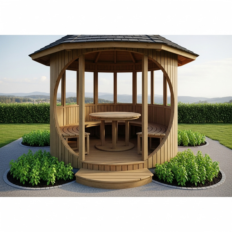 Small Circular Gazebo with Wooden Table & Greenery | Peaceful Retreat