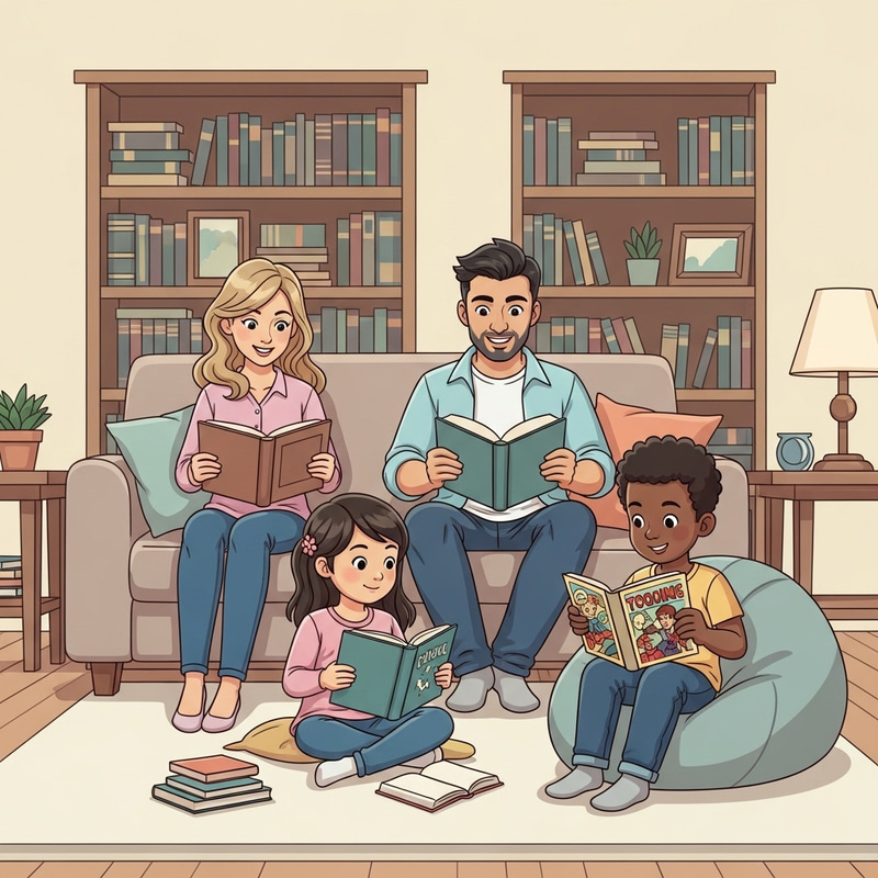 Happy Family Reading Books - Cozy Multicultural Scene Happy Family Reading Books - Cozy Multicultural Scene