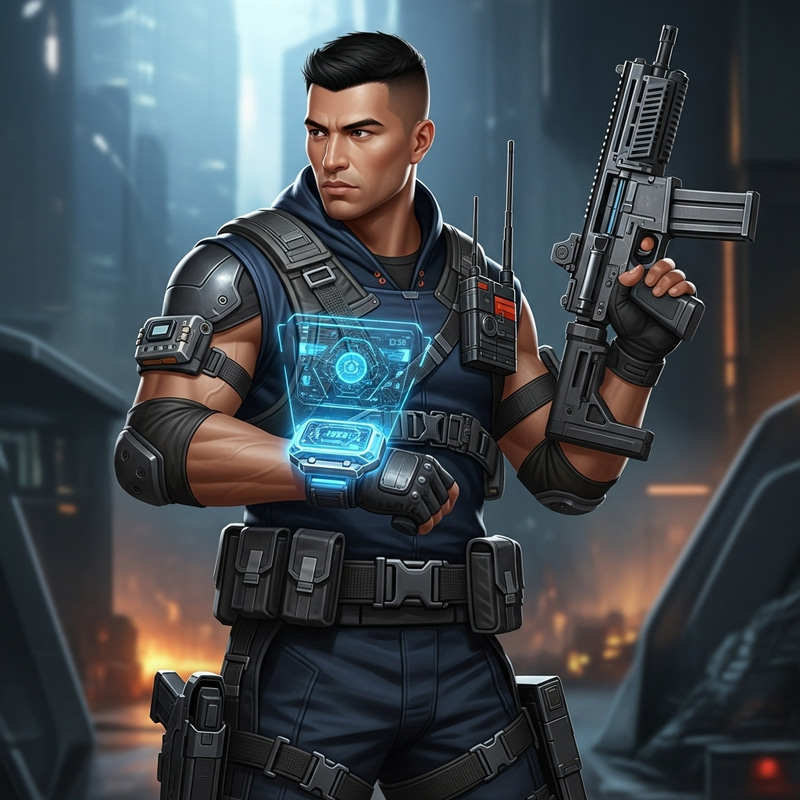 Create a Futuristic Hispanic Male Agent for Espionage Game