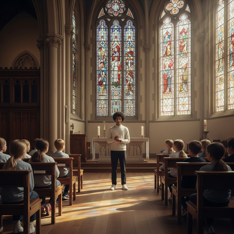 Children in Chapel Listening Attentively to Young Speaker Children in Chapel Listening Attentively to Young Speaker