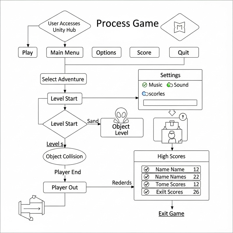 Game Development Process Flow Diagram | Unity Hub, Main Menu, Adventures & More Game Development Process Flow Diagram | Unity Hub, Main Menu, Adventures & More