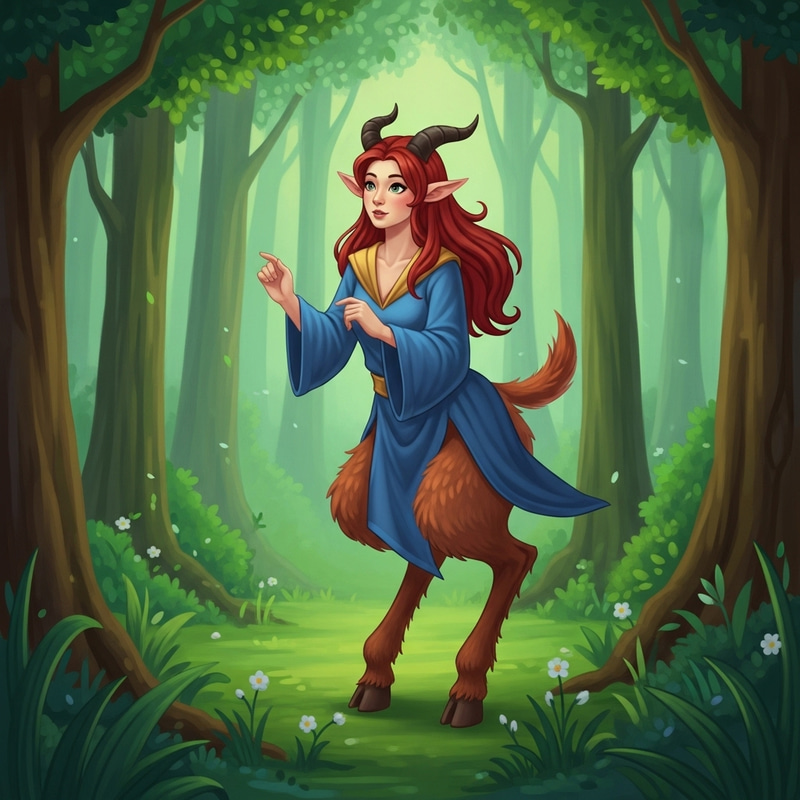 Lighthearted Asian Satyr Girl with Small Horns in Blue Robe Lighthearted Asian Satyr Girl with Small Horns in Blue Robe