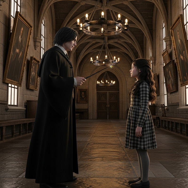 Severus Snape and Girl in Magical School Corridor - Enchanting Encounter Severus Snape and Girl in Magical School Corridor - Enchanting Encounter