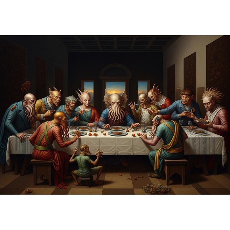 Eerie Cthulhu Mythos Last Supper with Haunting Feast Atmosphere