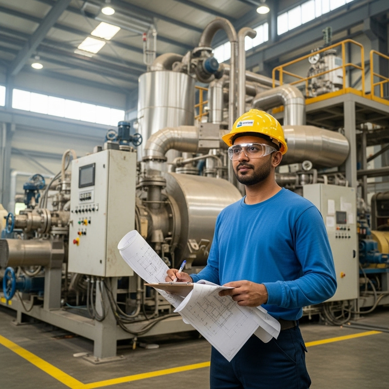 Male Engineer with Blueprint at Industrial Complex