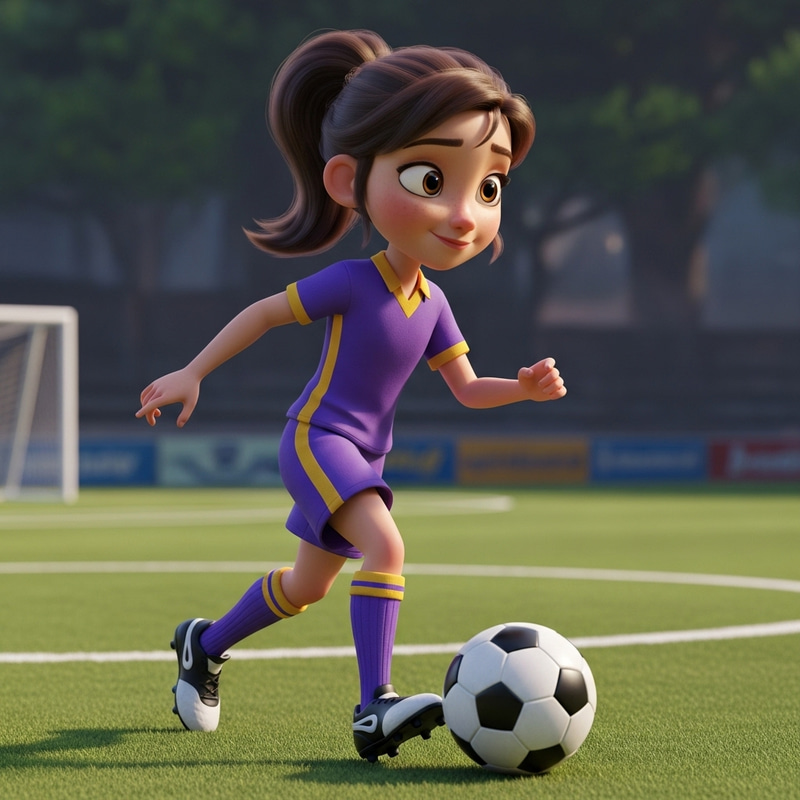 Adorable Caucasian Girl Playing Soccer in Purple & Gold Attire Adorable Caucasian Girl Playing Soccer in Purple & Gold Attire