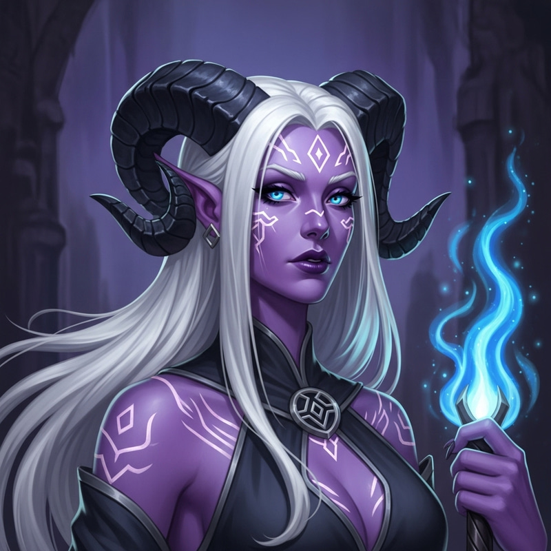 Detailed Female Tiefling Warlock with Purple Skin and White Hair Detailed Female Tiefling Warlock with Purple Skin and White Hair