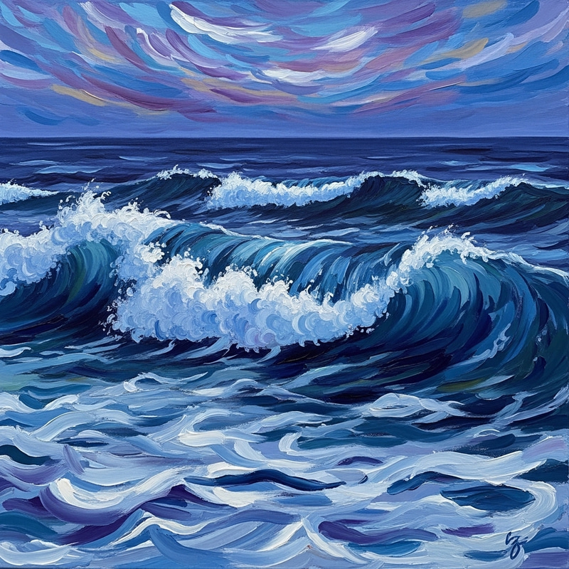 Impressionistic Ocean Waves Painting - Twilight Seascape