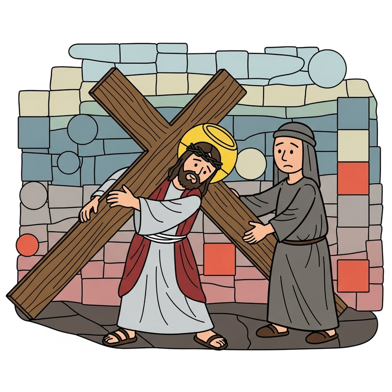 Cartoon Mosaic Art: Person Aiding Jesus with Cross | Geometric Shapes Cartoon Mosaic Art: Person Aiding Jesus with Cross | Geometric Shapes
