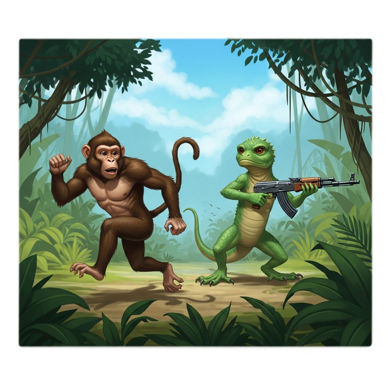 Muscular Monkey Outruns Ak47-Wielding Lizard in the Jungle Muscular Monkey Outruns Ak47-Wielding Lizard in the Jungle