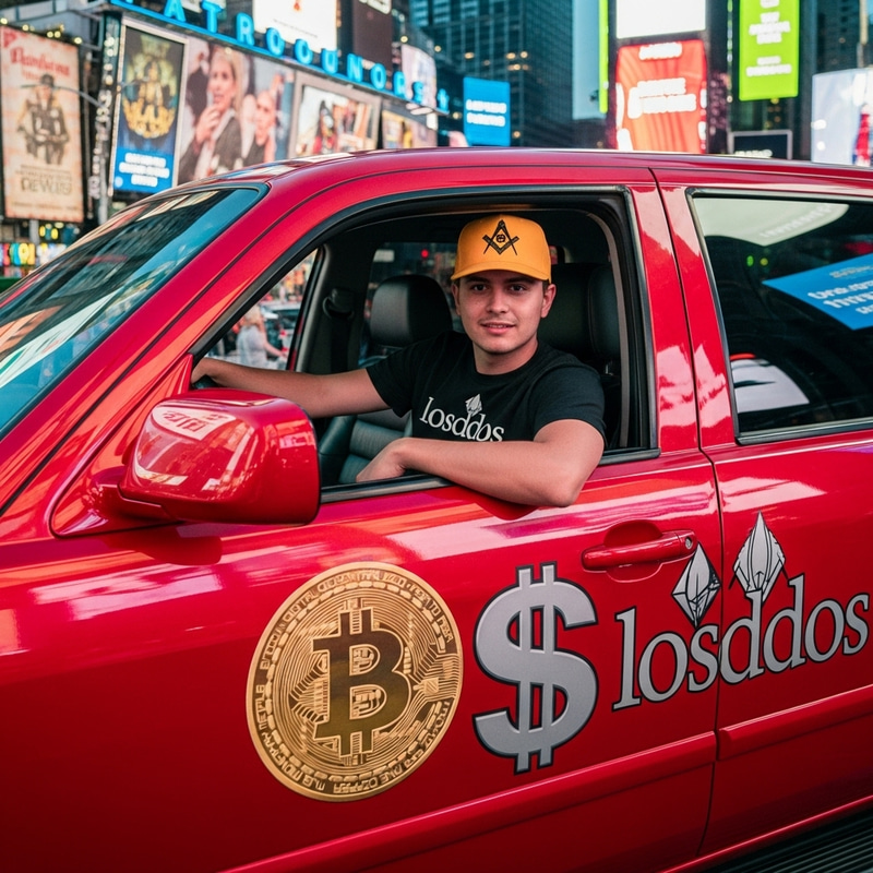 Young Man Driving Red Car with Bitcoin and Dollar Logos in Cityscape Young Man Driving Red Car with Bitcoin and Dollar Logos in Cityscape