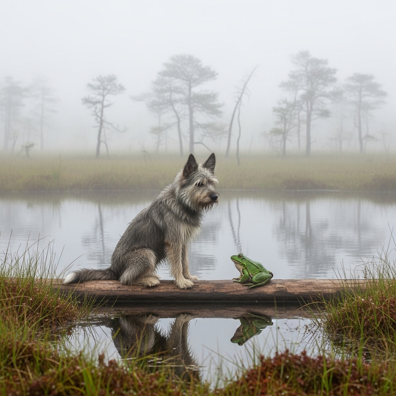 Foggy Bog Clipart: Dog and Frog on Log