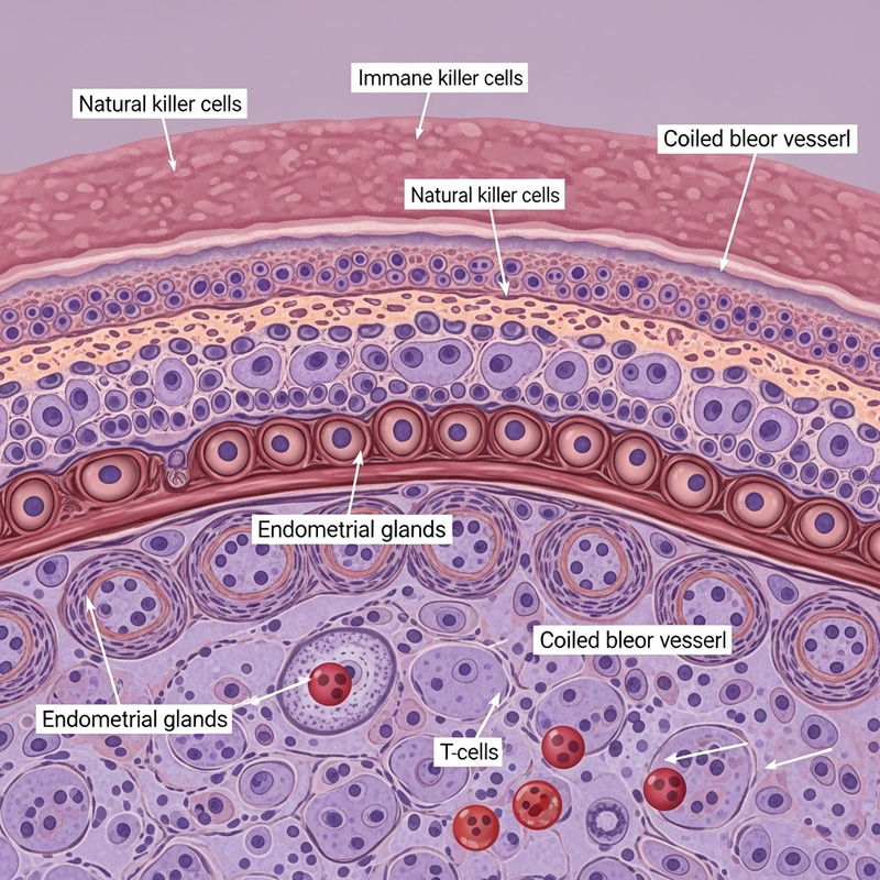 Detailed Endometrial Tissue Cross-Section: Cells & Immune Components