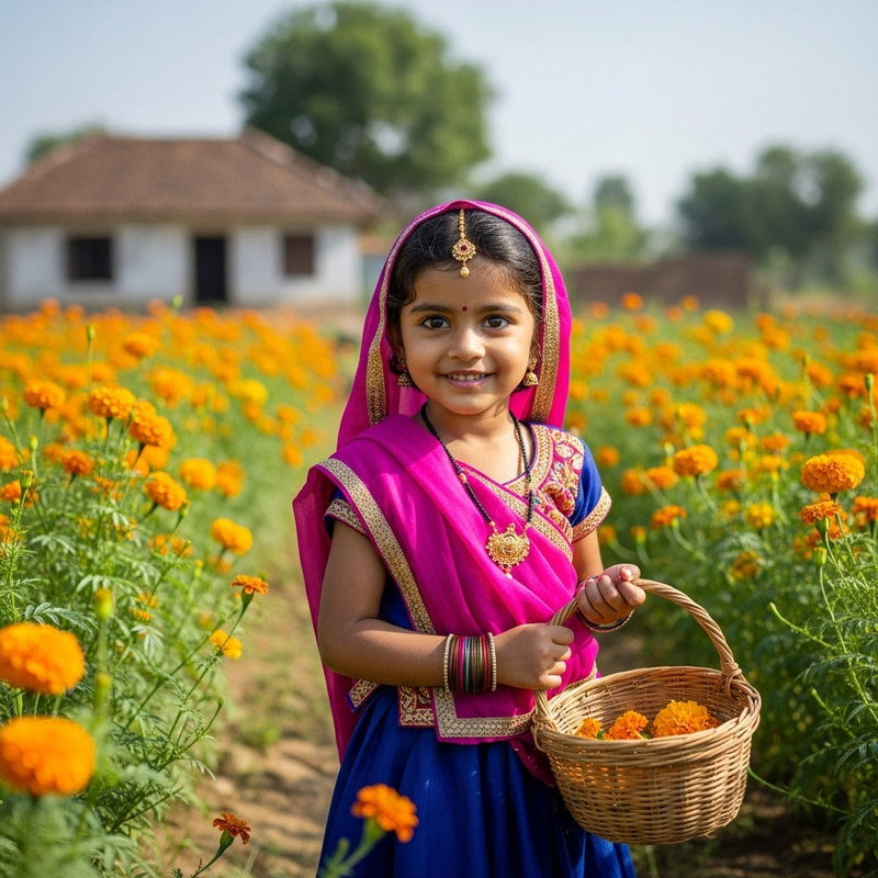 Young South Asian Girl in Traditional Indian Clothing Amidst Marigold Fields Young South Asian Girl in Traditional Indian Clothing Amidst Marigold Fields