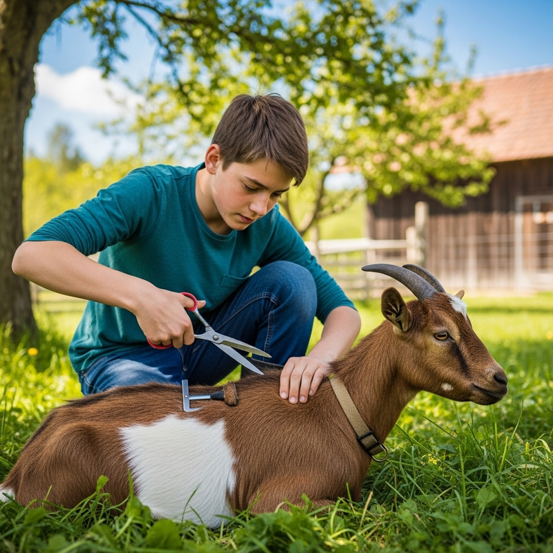 Young Boy Gently Shearing Goat in Peaceful Farm Scene Young Boy Gently Shearing Goat in Peaceful Farm Scene