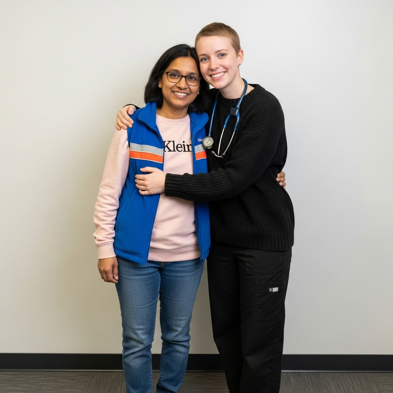 Female Doctors Embracing: Dark Brown Hair Tutor & Light Brown Hair Resident Female Doctors Embracing: Dark Brown Hair Tutor & Light Brown Hair Resident