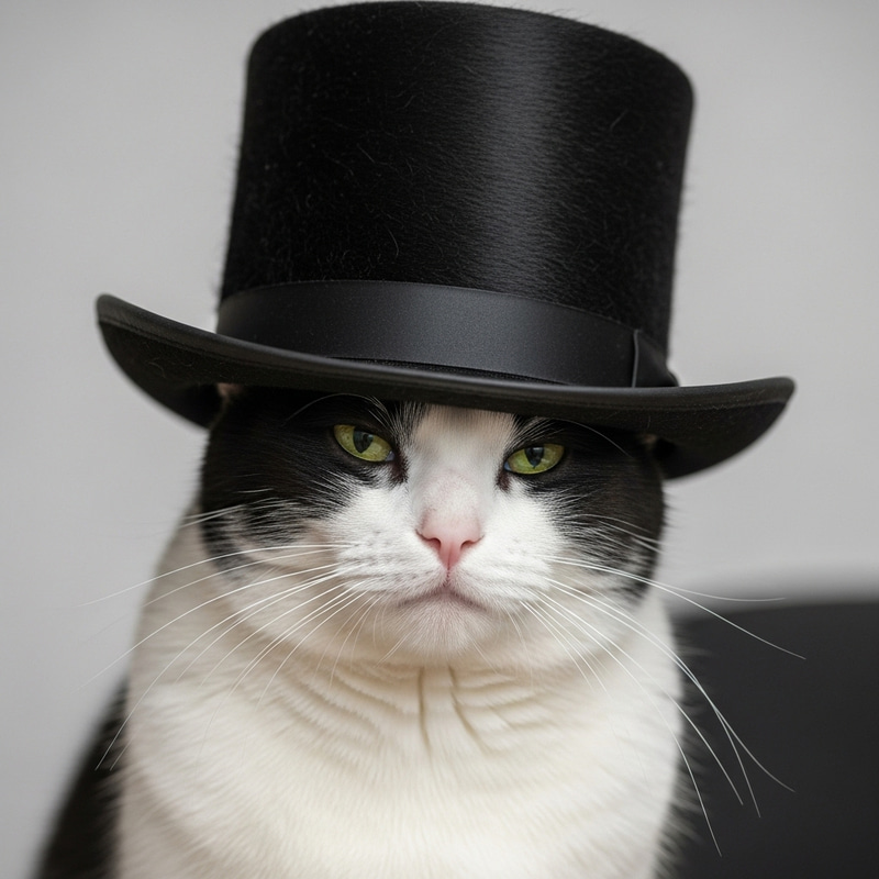 Elegant Black and White Cat in Man's Top Hat
