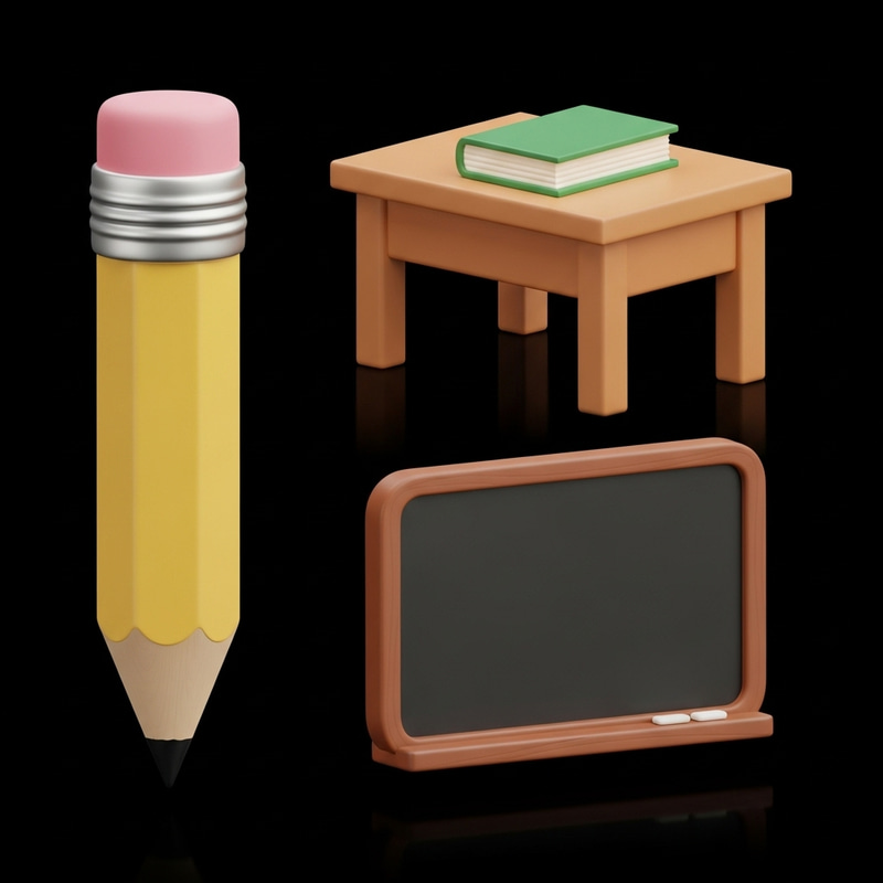 3D Education Icon Set: Pencil, Desk & Blackboard 3D Education Icon Set: Pencil, Desk & Blackboard