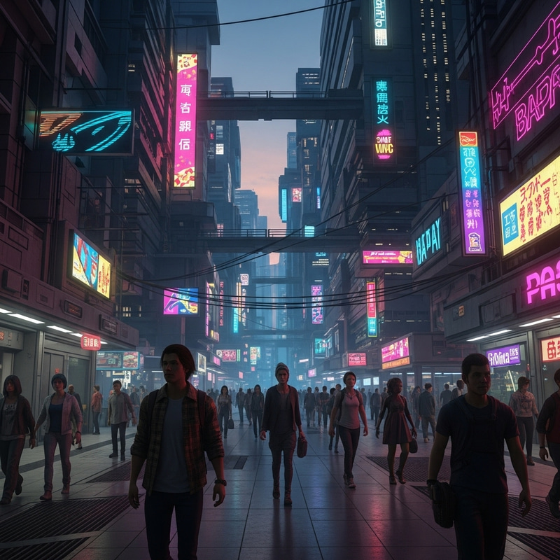 Neon Cyberpunk Cityscape - Energetic Dusk View Neon Cyberpunk Cityscape - Energetic Dusk View