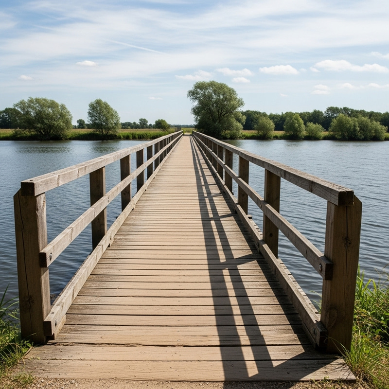 Scenic Wooden Footbridge Over Tranquil Water