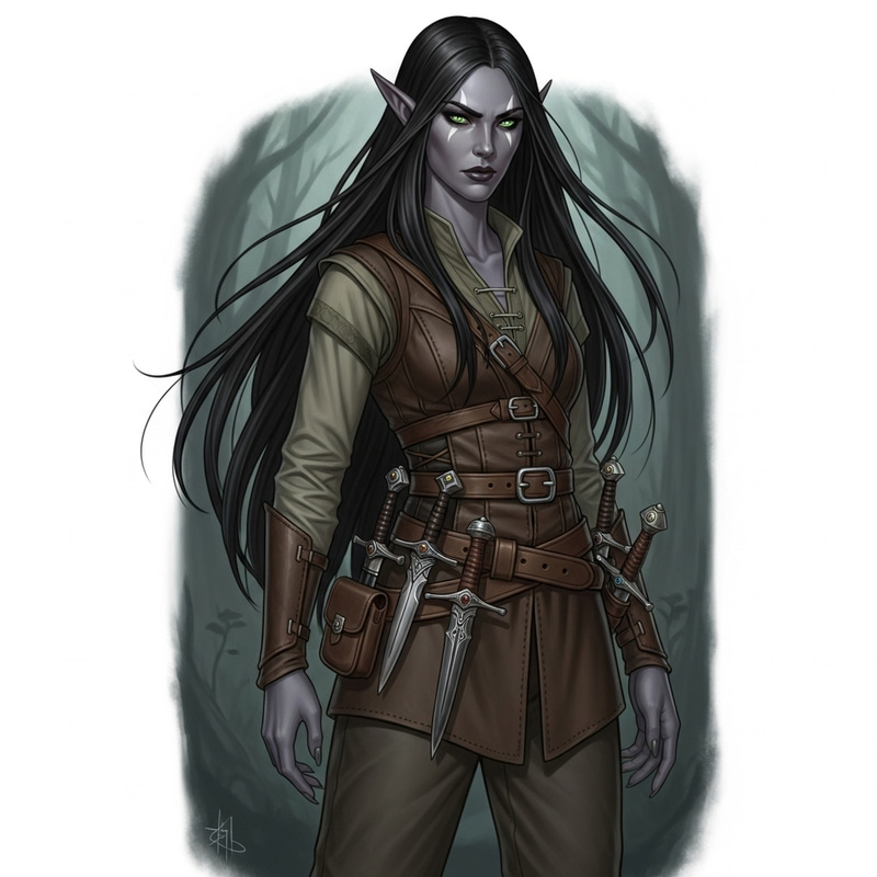 Slender Dark Elf Woman with Black Hair, Green Eyes, and Grey Skin Slender Dark Elf Woman with Black Hair, Green Eyes, and Grey Skin