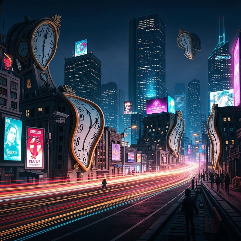 Surreal Cyberpunk City Nightscape: Dali-inspired Architectural Distortions