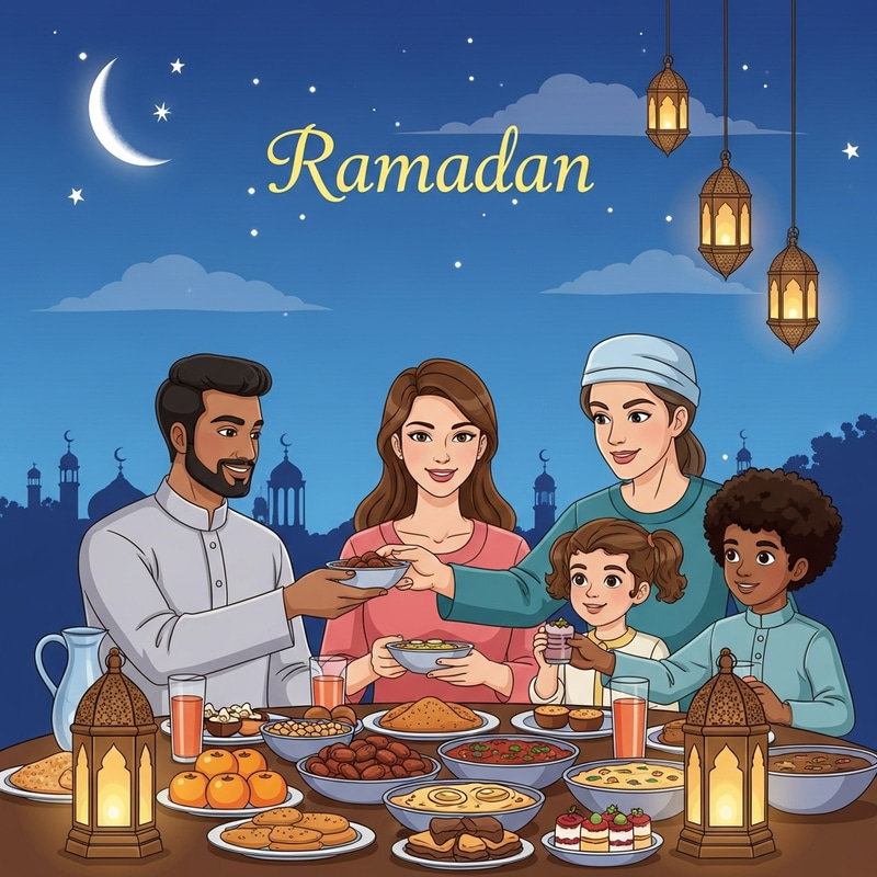 Ramadan Evening: Family Iftar Gathering with Crescent Moon and Stars