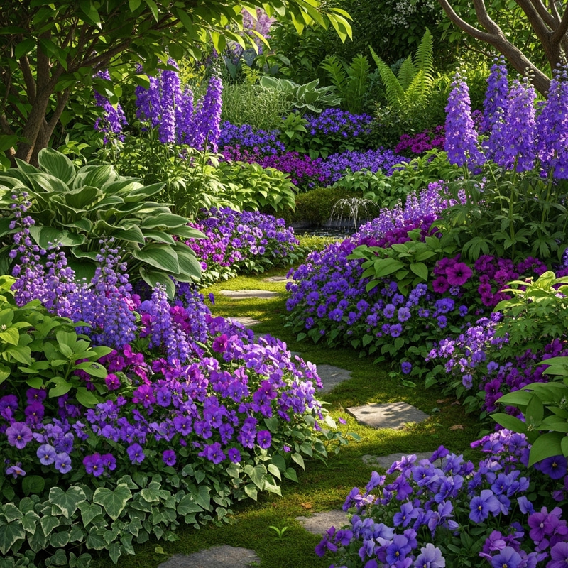 Vibrant Garden with Violet Flowers in Full Bloom Vibrant Garden with Violet Flowers in Full Bloom