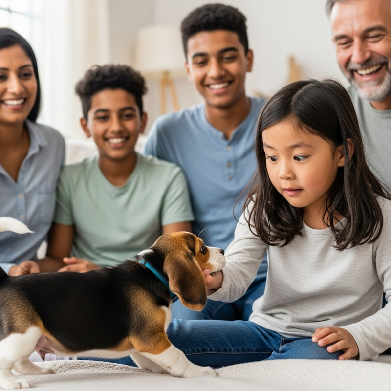 Adorable Beagle Puppy Playing with Young Girl While Family Enjoys Adorable Beagle Puppy Playing with Young Girl While Family Enjoys