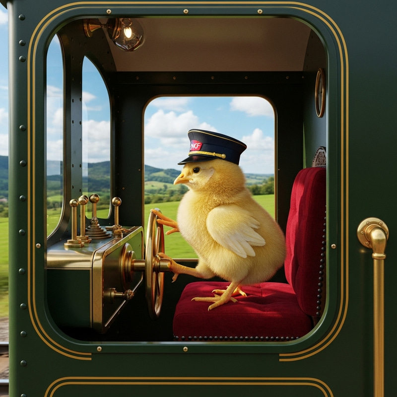 Photorealistic Chick Driving Train Artwork | SNCF Cap Photorealistic Chick Driving Train Artwork | SNCF Cap