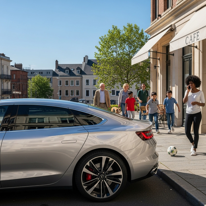 Sunny Day Scene: Modern Car on City Street Sunny Day Scene: Modern Car on City Street