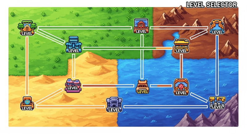 Pixelated Level Selector Map Inspired by Vintage Games Pixelated Level Selector Map Inspired by Vintage Games
